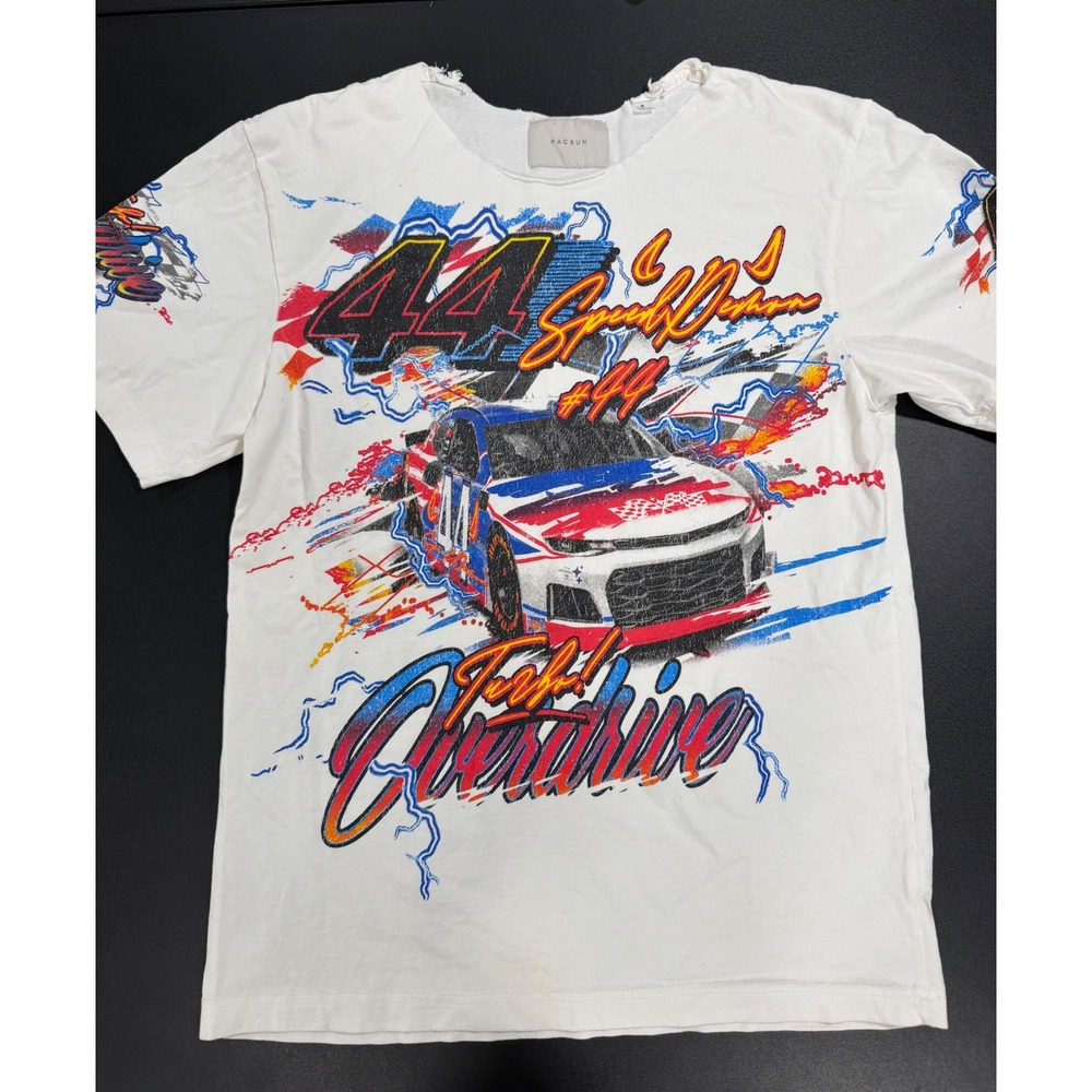 PacSun Speed Demon Turbo Overdrive Racing Graphic T-Shirt White Small Distressed